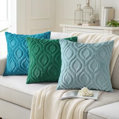 decorUhome Fall Throw Pillow Covers 24x24 Inch Set of 2, Soft Plush Decorative Faux Fur Aqua Solid Couch Pillow Covers, Accent Farmhouse Neutral Square Euro Pillow Cases for Sofa Bed Living Room