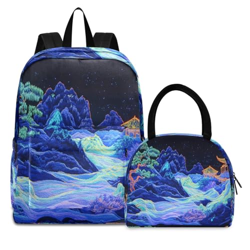 Art Chinese Landscape Print Backpack Set with Lunch Bag, Large Capacity Travel Backpacks and Lunch Box Insulated for Commute Hiking Picnic