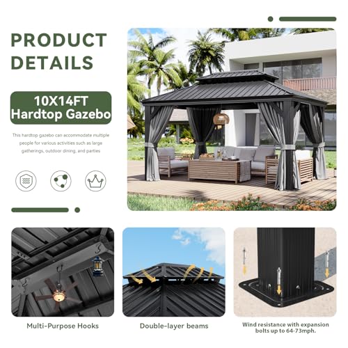 Image of Aoxun 10' X 14' Hardtop Gazebo with Drainage System, Aluminum Outdoor Gazebo with Galvanized Steel Double Roof, Patio Permanent Metal Pavilion with Netting, for Garden, Deck, Pool, Grey