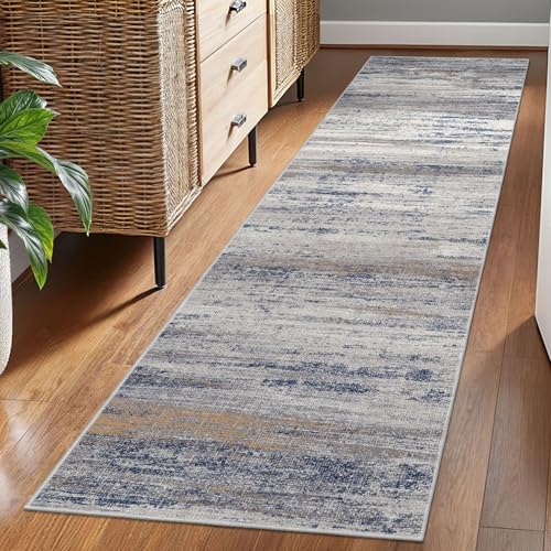 KOZYFLY Modern Abstract Washable Rug Runner 2x7 Hallway Runner Rug Non-Slip Soft Kitchen Runner Rugs, Print Distressed Grey-Blue Striped Carpet Runner for Entryway Bathroom Laundry Room Foyer