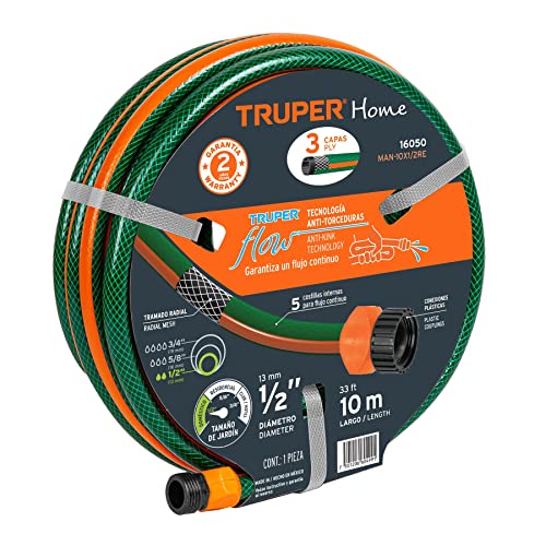 Mangueras, Tools Truper MAN-10X1/2RE, Manguera 1/2', reforzada, 3 capas, conexiones plásticas, 10 m