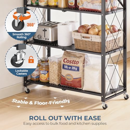 Image of Upgraded 18% Thickened Portable 5-Tier Foldable Storage Shelves with Wheels | Heavy Duty Storage Shelf Collapsible Shelves Unit Display for Garage Storage Kitchen Pantry & Closet Organizer, Matte Black