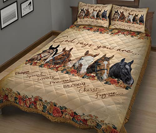 Horse God Say You Are Vintage Style Flower Quilt Blanket & Pillowcases, Quilts Bedding Set & Pillow Cover, King Queen Double Twin Throw Full Size Bedspread Bed Sets #TOP3