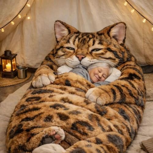 Katzenschlafsack für Erwachsene 175 cm waschbar kuscheliger warmer Katzen-Plüsch-Schlafsack für Menschen entzückende Katzen-Umschläge-Schlafsäcke Geschenke für Frauen Männer süßes tierförmiges