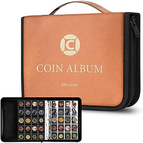 260 Pockets Coin Collection Book Holder for Collectors, Coins Collecting Album with Zipper and Handle. Coin Display Storage Case for Money Currency Collection Supplies, Bill Commemorative - Brown Cover