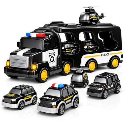 Image of Police Truck Toy for Kids, 5-in-1 Police Vehicle Set with Friction Powered Transport Truck, Mini Army Cars, Lights & Music, Educational Toy Gift for Boys & Girls Age 3+