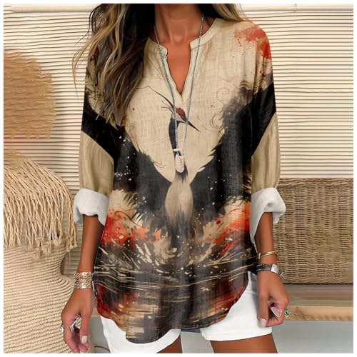 MARSVOVO Black Crane Print Tops for Women Novelty Japanese Art Style Women Tops Long Sleeve V Neck Flowy Curved Hem Plus Size Women Blouse,M