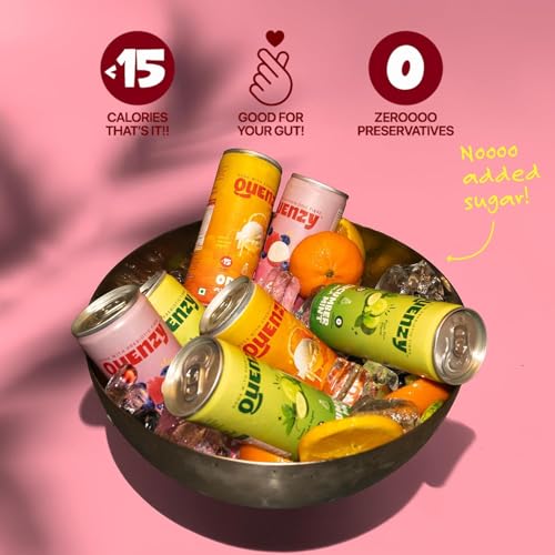 Image of Quenzy Prebiotic Soda Variety Pack - Mixed Flavours (Pack of 12 x 250ml) | 5g Prebiotic Fibre for Gut Health | Low Calorie Soda (<15 kcal) | No Added Sugar | Zero Preservatives | Healthy Sparkling Drink