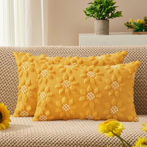 Image of DFXSZ Spring Summer Pillow Covers 12x20 inch Set of 2 Yellow Sunflower | Farmhouse Decor Soft Plush Faux Fur Jacquard Throw Pillow Covers|For Spring Holiday Sofa Home Decor