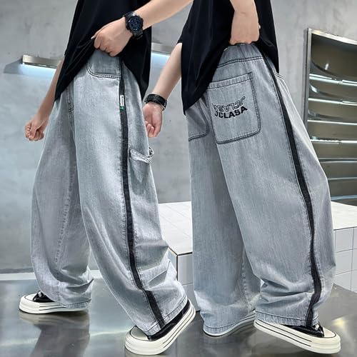 Baggy Jeans for Boys Y2K Straight Wide Leg Denim Pants Kids Casual Elastic Waist Loose Trousers Pockets 4-12 Years2