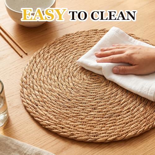 Image of 24 Pcs Round Woven Placemats - Yedoler 13 in Farmhouse Boho Straw Heat Resistant Outdoor Patio Rattan Wicker Table Mats, Natural Water Hyacinth Place Mats Coasters for Dining Table,Home,Wedding