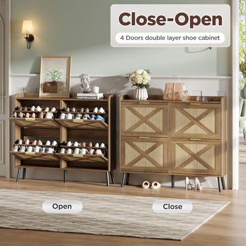 Image of Maupvit Large Shoe Storage Cabinet with 4 Flip Drawers, Narrow Shoe Cabinet for Entryway with Wooden Legs, Freestanding Hidden Shoe Rack Organizer & Metal Hinges, Rustic Oak Rattan