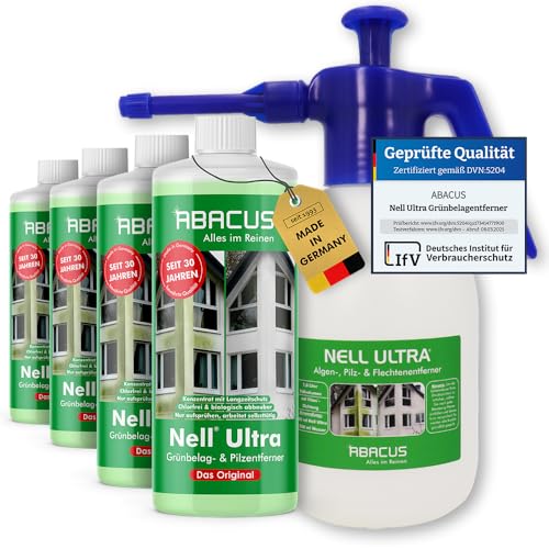 ABACUS® Nell Ultra Grünbelagentferner & Algenentferner Konzentrat, extrem stark! Entfernt Grünbelag & Algen selbsttätig ohne zu Schrubben – Algen- & Grünbelagentferner 4x1000ml mit Sprühflasche
