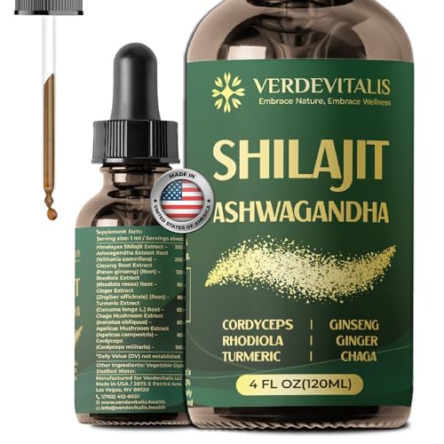 VERDEVITALIS Shilajit Liquid Drops Pure Shilajit Extract with Ashwagandha for Men & Women Energy Stamina & Vitality Adaptogen Herbal Blend with Cordyceps Rhodiola & Chaga 4 fl oz