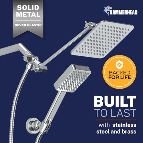 HammerHead® Solid Metal Dual Shower Head Combo — 8" Square Rain Shower Head with Handheld, 12" Adjustable Arm & Wall-Mount Holder for Flexible Installation — Chrome by HammerHead Showers - Used condition - Image 5