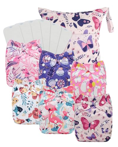 Image of Babygoal Baby Cloth Diaper 6 Pack with 6pcs Inserts and Wet Bag for Fitted Diapers and Prefolds, Adjustable and Reusable Covers for Toddler Boys and Girls