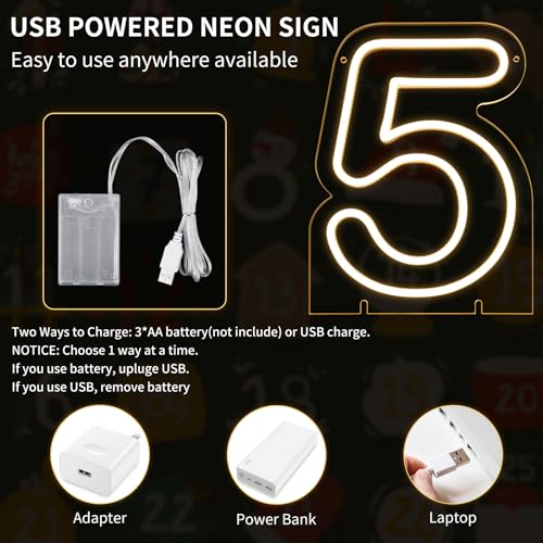 Image of Number 5 LED Neon Sign Backdrop Birthday Party Decoration, 11.3 inch Height Warm White Marquee Number Five Light Up Sign for Wedding Anniversary Window Wall Table, Indoor Battery Operated or USB