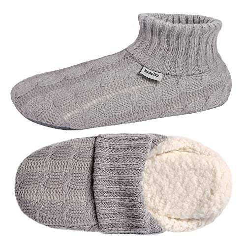 HomeTop Women's Comfy Cable Knit Sherpa Lined House Slipper Socks Anti-Skid Home Socks with Durable Silicone Gripper (44-45 M, Gray)