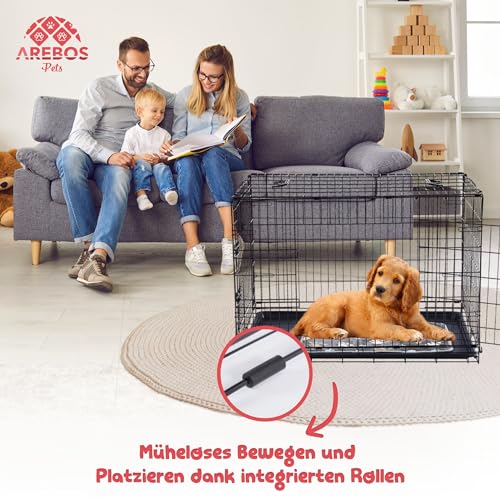 Arebos Hundekäfig 92,5 x 60 x 66 cm | Hundetransportbox Auto klappbar | Hundebox faltbar | Transportbox Hund mit 2 Türen | Hundekäfig für Zuhause | L Schwarz