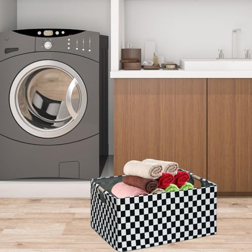 Image of Checkered Storage Basket Foldable Nursey Box | 16.9 inch Storage Cube for Women Closet Organizer Boys Car Toys Bins with Handles | Sturdy Cardboard & Washable Fabric 2Pack