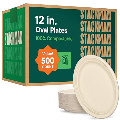 100% Compostable Oval Paper Plates 12.5 inch [500-...