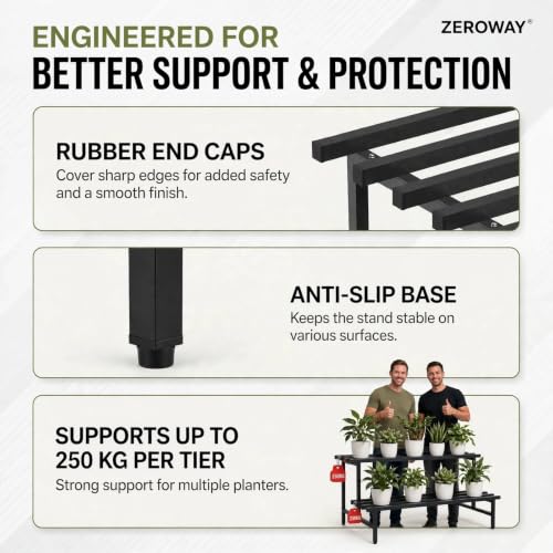 Image of Zeroway 2 Tier Metal Plant Stand | Heavy-Duty Plant Rack with Powder-Coated Metal Frame | Stable 4-Leg Design | Supports Up to 250 kg | Convertible Plant Stand for Balcony, Garden & Office