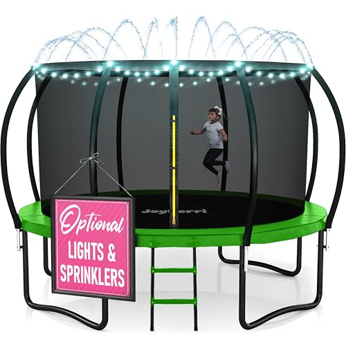 Image of JoyBerri Upsurge Trampoline Outdoor - ASTM Certified Safe 8Ft 10Ft 12Ft 14Ft 15Ft 16Ft Recreational Trampoline for Kids and Adults. Anti-Rust Coating with Enclosure Net, Ladder, Sprinkler & LED Lights