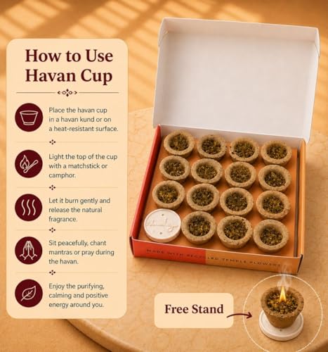 Image of Nirmalaya Premium Sambrani Organic Dhoop Havan Cups Made with Recycled Flower | Pack of 15 with Holder | 100% Natural | Blend of Guggal, Lobaan & Natural Herbs | Ideal for Pooja, Meditation, Yoga