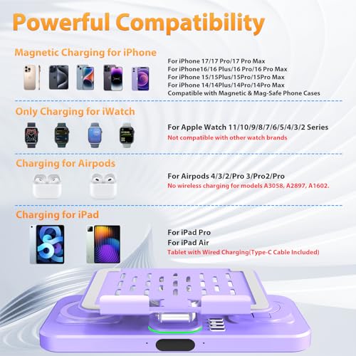 Image of 30W Charging Station for Apple Products, Foldable Wireless Charger with Clock Display&7 Color Light, Wired Charging for iPad /Tablet Charging Station for iPhone17, for Apple Watch11 for AirPods4(Purple