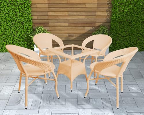 Image of Amazon Brand - Solimo Rattan Wicker 4 Seater Patio Seating Set | 4 Chair and 1 Square Glass Topped Table Set | Coffee Table Furniture for Balcony, Garden, Terrace, Indoor, Outdoor Use (Cream)