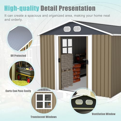 Image of KEIKI 8x12 FT Heavy-Duty Outdoor Storage Shed, Metal Shed with Reinforced Frame, Lockable Doors & Air Vents, Weatherproof Garden Tool Shed for Backyard, Brown