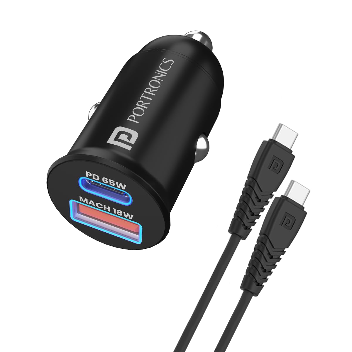 Portronics 71W Car Power 1C Triple Output Fast Car Charger with 33W Type-C Cable, 20W Type-C PD, 18W USB Port, Fast Charging Adapter Compatible with Cars for iPhone & Android Smartphone (Black) — Amazon image 11