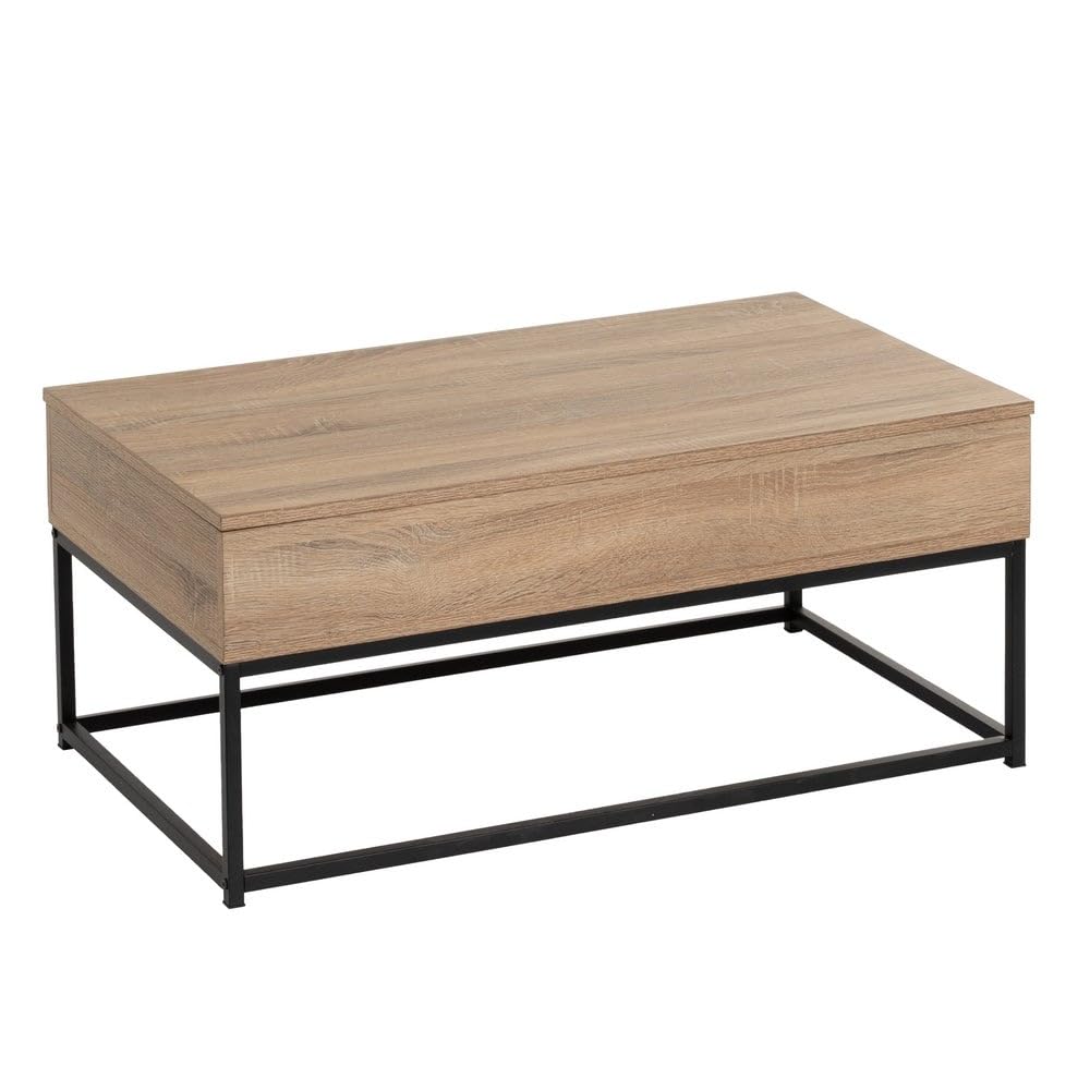 LOLAhome Mesa de Centro Elevable Urban 100x55x40/53 cm con Almacenaje Madera Roble y Metal Negro Mesa Auxiliar Salon Comedor Mesa Baja Industrial para Sofa Comer y Trabajar Portatil