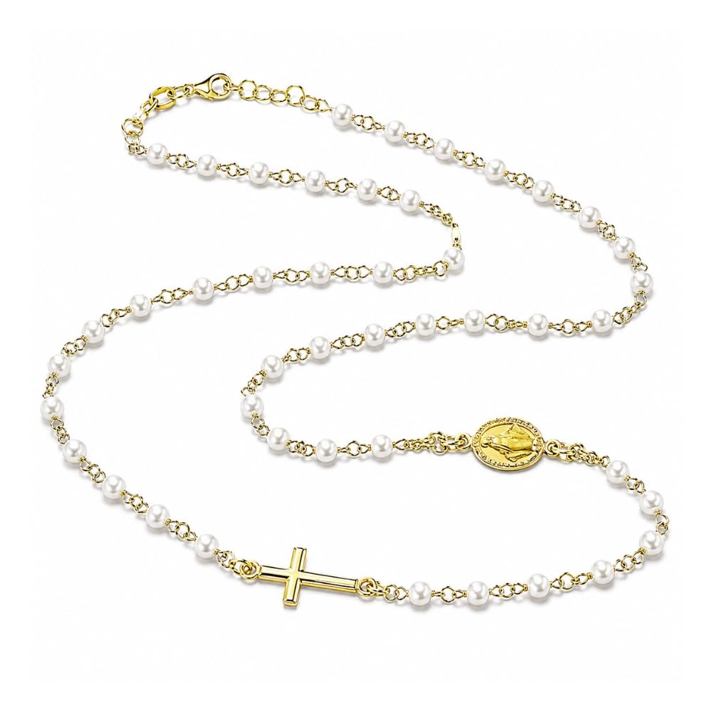 Collana Rosario Donna in Argento 925 Dorato Girocollo con Grani di Perle – Simbolo Cattolico Cristiano di Fede Religioso – Collana Elegante Idea Regalo cll2144