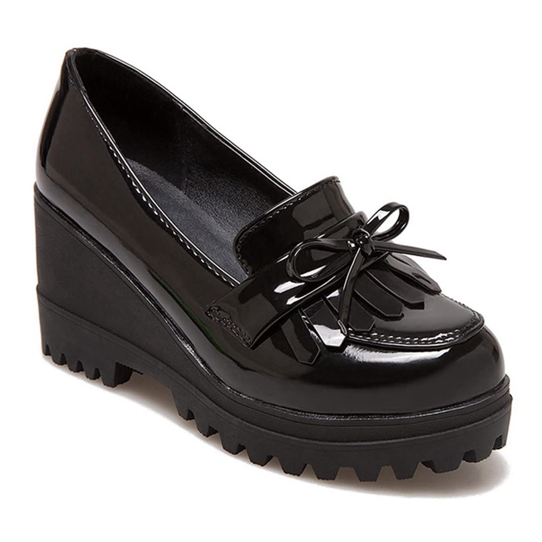 VOKLIN Women's Platform Tassels Oxford Shoes Slip On Comfortable Chunky High Heel Fringed Dress Wedge Shoe