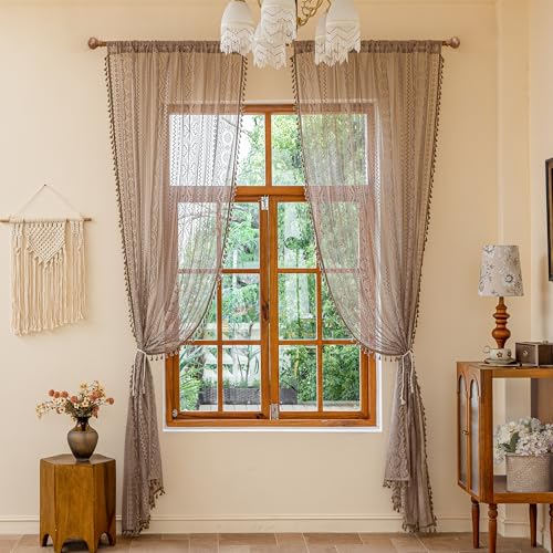 Image of MYSKY HOME Brown Boho Lace Sheer Curtains with Tassels 72 Inch Length 2 Panels Vintage Floral Bohemian Rustic Crochet Geometry Striped Rod Pocket Drapes for Living Room Bedroom, 55 inch Wide