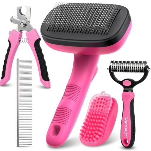 Image of 5 PCS Dog Grooming Brush Kit, Shedding for Long Haired Cats & Dogs | Self Cleaning Slicker Hair Brush, Skin Friendly Deshedding Grooming Tool for Small Large Cats Puppy Brush Set