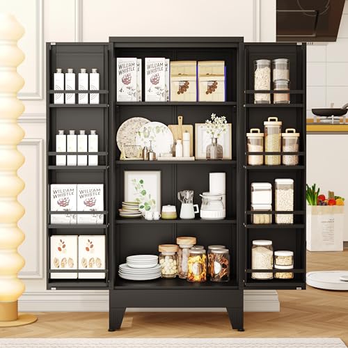 Image of PAOFIN 47 inch Kitchen Pantry Cabinet, Metal Storage Cabinet with 3 Adjustable Layer Shelves, 8 Door Shelves, Buffet Sideboard for Living Room, Kitchen, Black
