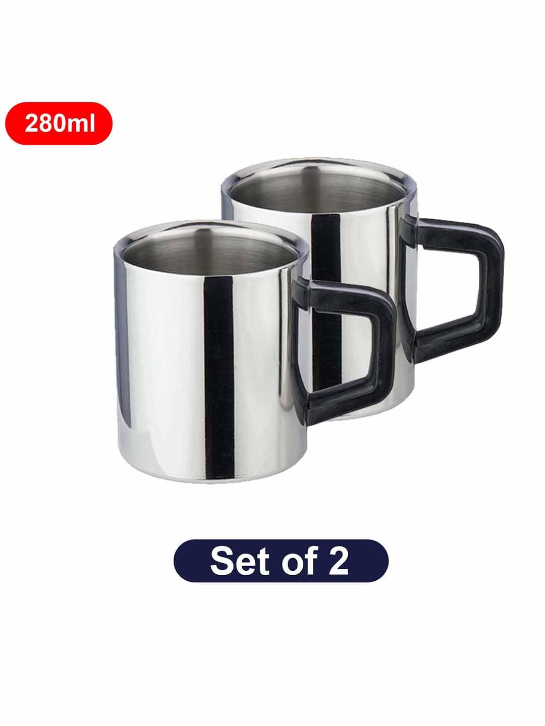 PDDFALCON Stainless Steel Wakeup Bakelight Double Wall Coffee/Tea Mug with Lid, BIS Certified, Jindal Seal & Made in India 280 ml (Silver) (Set of 2) 1