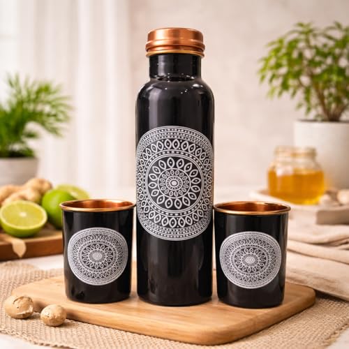 Image of JAIPUR ACE Black Copper Water Bottle with Glass Set 100% Pure Copper Mandala Design Leak Proof Anti Slip Ayurvedic Drinking Bottle Set for Home Office Kitchen Gifting Premium Copper Bottle Set