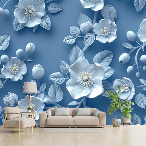 3D Blue Floral Wall Mural Wallpaper for Kids Room & Bedroom | Self Adhesive Waterproof Vinyl Peel and Stick Wall Decor | Large Flower Design for Living Room & Home Decoration - 96x16 Inches - Image 5