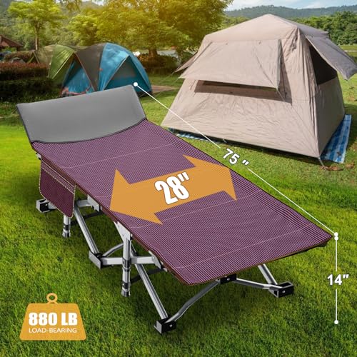 Image of ABORON Camping Cot for Adult 28 inch Extra Wide, Heavy-Duty 1200D Oxford Cot for Sleeping, Portable Folding Camp Bed with Mat & Carry Bag