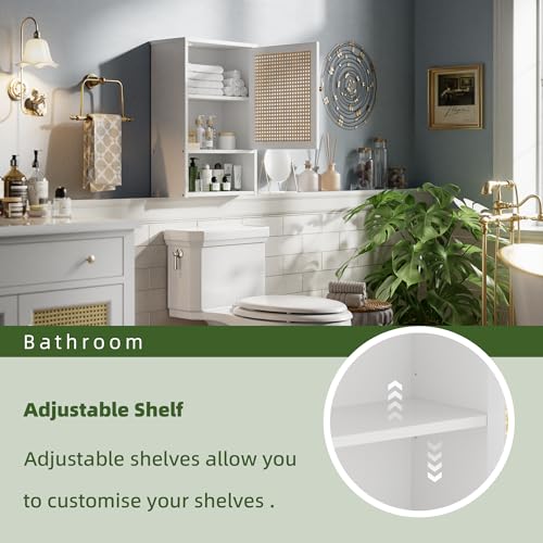 Botiquín de baño para pared, organizador de almacenamiento sobre el inodoro de bambú con puertas de ratán y estante ajustable, gabinete de medicinas ahorrador de espacio para lavandería, cocina y sala de estar (blanco) miniatura 5