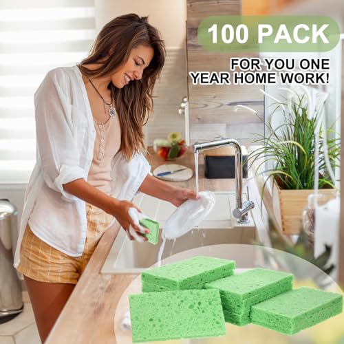 Image of Zhengmy 100 Pieces Sponges Bulk Sponges Kitchen Compressed Sponge Natural Dish Sponge Compressed Wood Pulp Cleaning Without Scratching for Kitchen Bathroom, 3.9 x 2.4 x 0.12 Inch (Green)