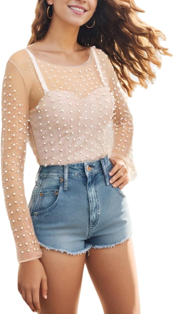 WILLSIN Women Pearl Rhinestone Sheer Mesh Crop Top Sexy See Through Long Sleeve Slim Fit Cropped Blouse Shirt Glitter Tops