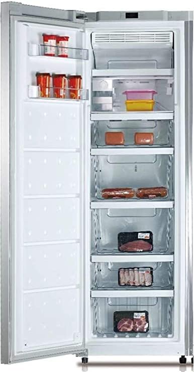 Midea HS-338FWEDS Upright Freezer with door open, showing interior shelves and stored food items.