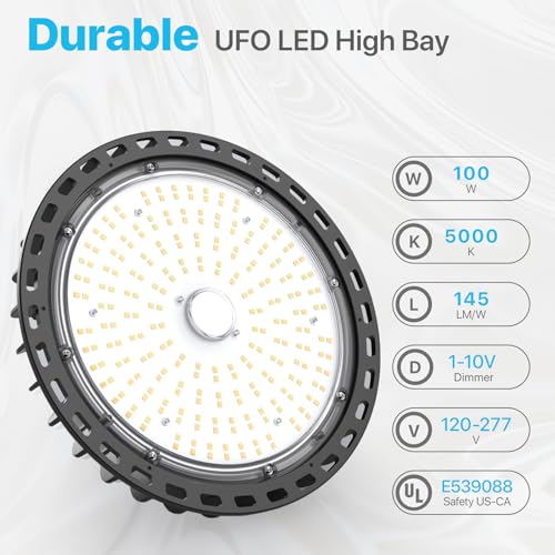 Image of HYPERLITE 4Pack LED UFO High Bay Lights 100W 14,500LM (145lm /w) 5000K 1-10V Dimmable 5' Cable with 110V Plug Hanging Hook Safe Rope UL Listed for Barn Workshop Warehouse Residential