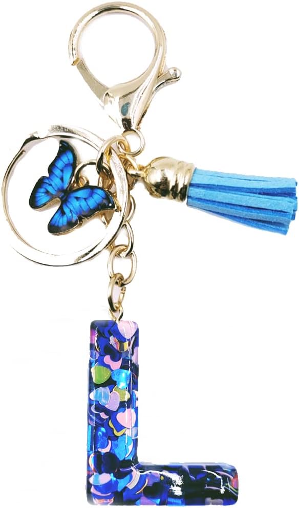 jtkdxqs A-Z Letter Keychain Crystal Blue with Tassel Butterfly Key Ring for Women Backpack Handbags Cute Pendant