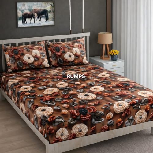 Image of RUMPS 380 TC Premium Heavy Cotton 7D Print Fast Colour Feel Elastic Fitted Floral Bedsheet King Size with 2 Pillow Covers || (Brown new, Fitted - 72 inchx78 inch King)