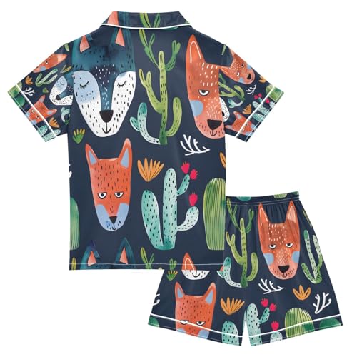 senya Foxs Face Cacti Satin Summer Pajama Sets Silk Short Sleeve Button Down Sleepwear2